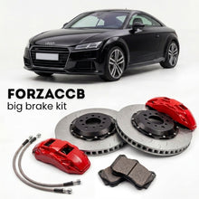 Black Audi TT Mk3 (2014-2023) shown above a ForzaCCB iron rotor big brake kit with 2x red 6-piston front calipers, 2x two-piece floating ventilated brake discs 380 mm, set of brake pads, and brake lines.