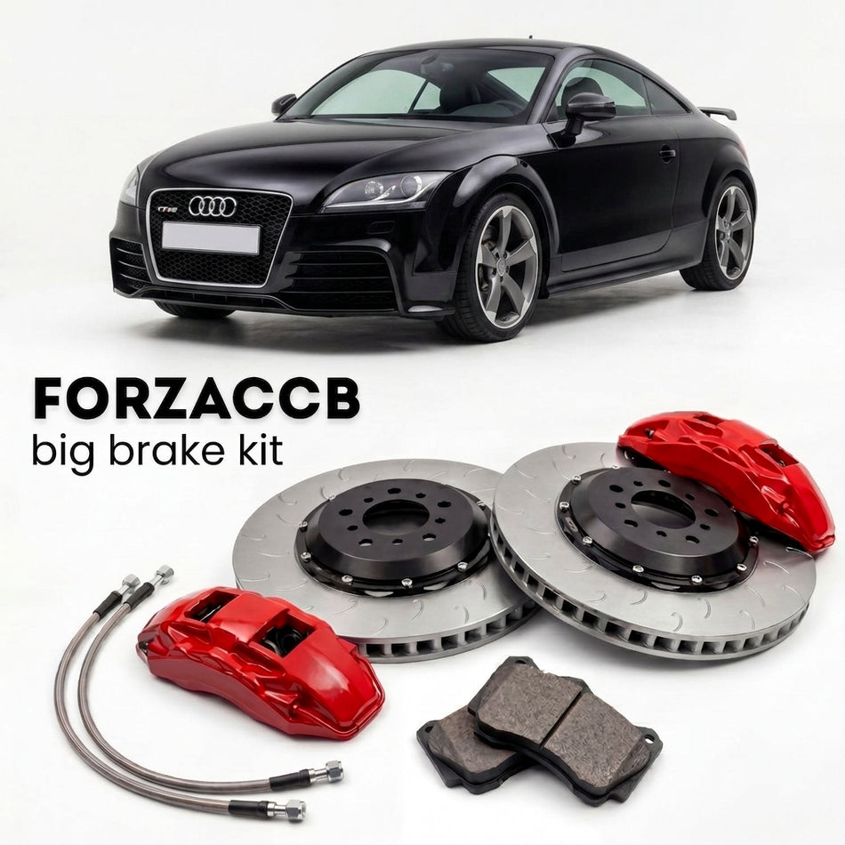 Black Audi TT RS Mk2 (2009-2014) shown above a ForzaCCB iron rotor big brake kit with 2x red 6-piston front calipers, 2x two-piece floating ventilated brake discs 380 mm, set of brake pads, and brake lines.
