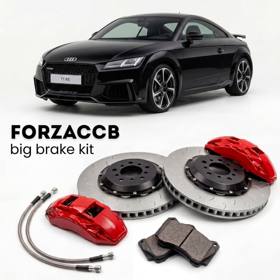 Black Audi TT RS Mk3 (2016-2023) shown above a ForzaCCB iron rotor big brake kit with 2x red 6-piston front calipers, 2x two-piece floating ventilated brake discs 380 mm, set of brake pads, and brake lines.