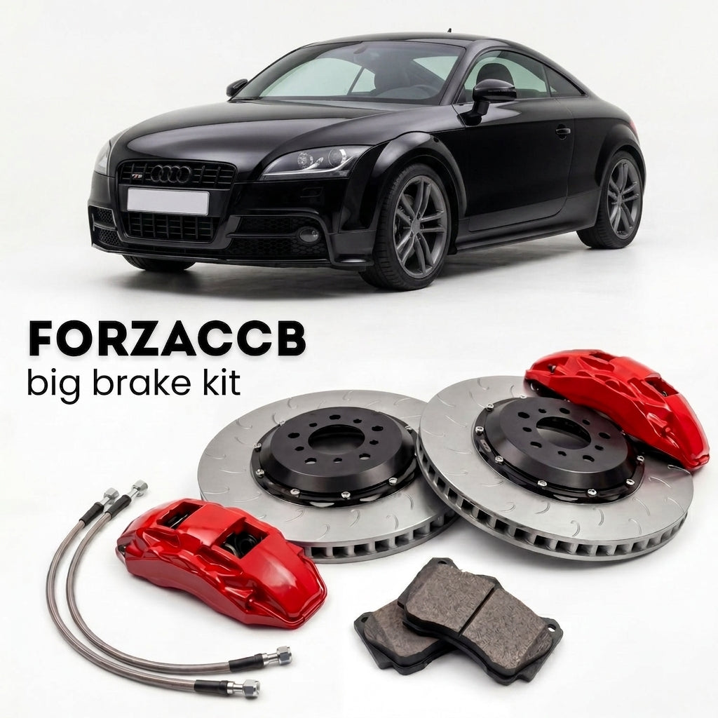 Black Audi TTS Mk2 (2008-2014) shown above a ForzaCCB iron rotor big brake kit with 2x red 6-piston front calipers, 2x two-piece floating ventilated brake discs 380 mm, set of brake pads, and brake lines.