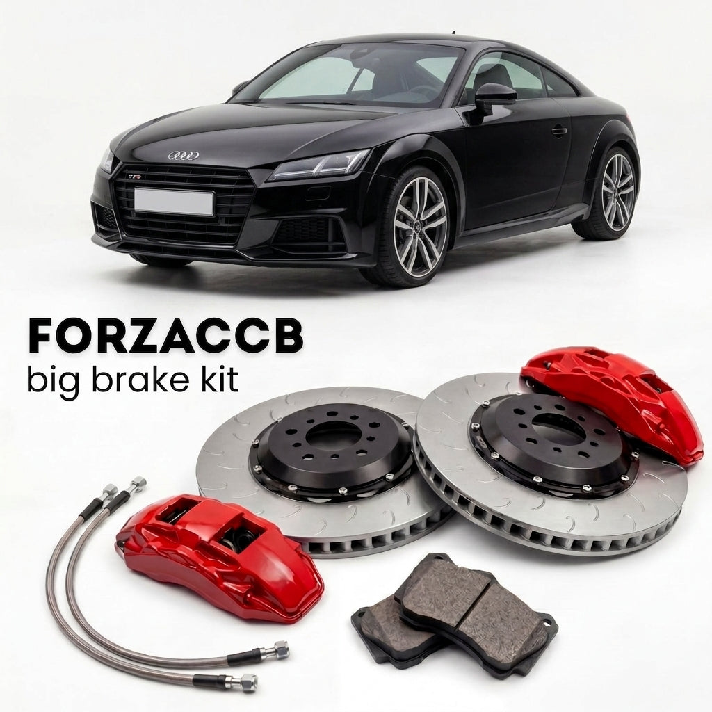Black Audi TTS Mk3 (2014-2023) shown above a ForzaCCB iron rotor big brake kit with 2x red 6-piston front calipers, 2x two-piece floating ventilated brake discs 380 mm, set of brake pads, and brake lines.