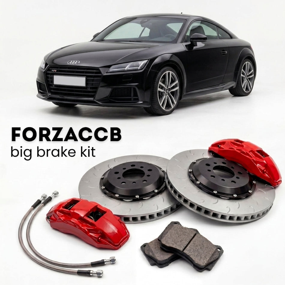 Black Audi TTS Mk3 (2014-2023) shown above a ForzaCCB iron rotor big brake kit with 2x red 6-piston front calipers, 2x two-piece floating ventilated brake discs 380 mm, set of brake pads, and brake lines.