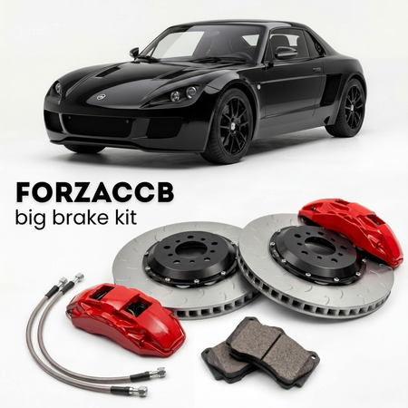 Black BAC Mono (2011-2016) shown above a ForzaCCB iron rotor big brake kit with 2x red 6-piston front calipers, 2x two-piece floating ventilated brake discs 380 mm, set of brake pads, and brake lines.