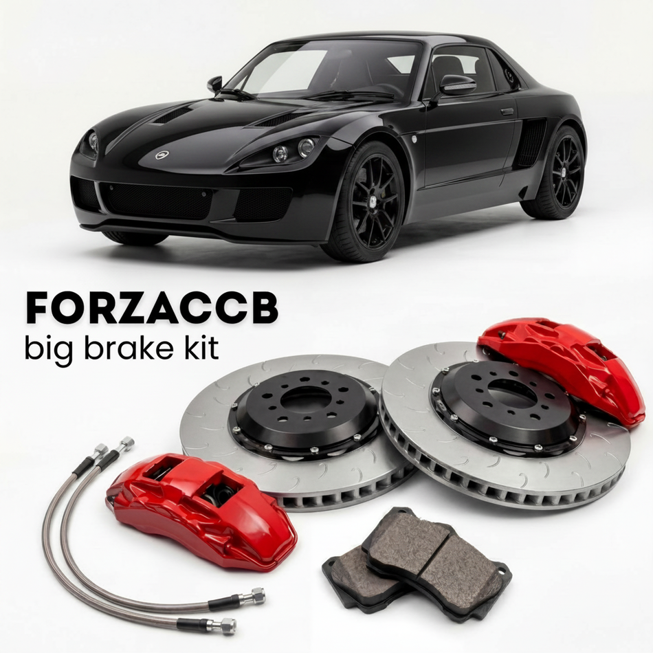 Black BAC Mono (2011-2016) shown above a ForzaCCB iron rotor big brake kit with 2x red 6-piston front calipers, 2x two-piece floating ventilated brake discs 380 mm, set of brake pads, and brake lines.