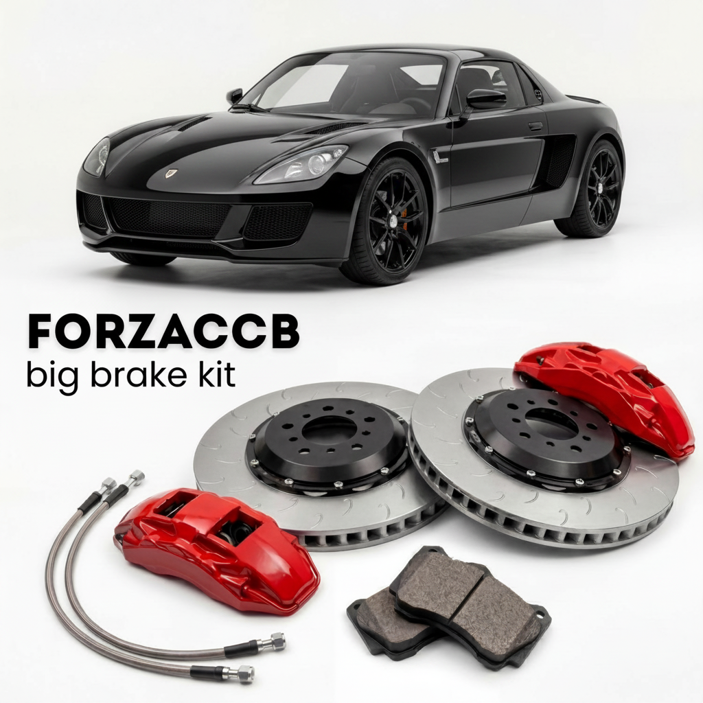 Black BAC Mono (2016-2020) shown above a ForzaCCB iron rotor big brake kit with 2x red 6-piston front calipers, 2x two-piece floating ventilated brake discs 380 mm, set of brake pads, and brake lines.