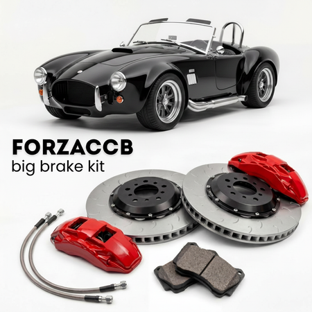 Black Backdraft Racing Roadster (2001-2026) shown above a ForzaCCB iron rotor big brake kit with 2x red 6-piston front calipers, 2x two-piece floating ventilated brake discs 380 mm, set of brake pads, and brake lines.