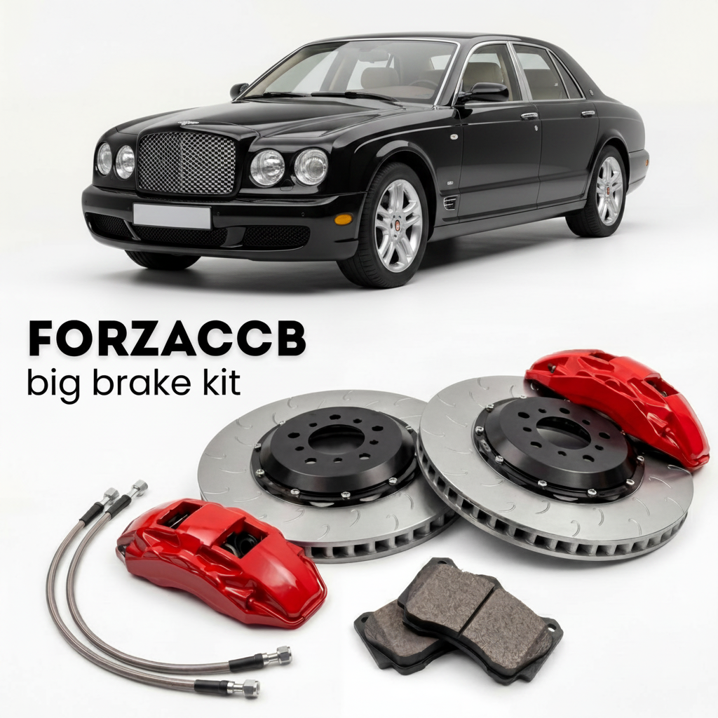 Black Bentley Arnage R (2005-2005) shown above a ForzaCCB iron rotor big brake kit with 2x red 6-piston front calipers, 2x two-piece floating ventilated brake discs 380 mm, set of brake pads, and brake lines.