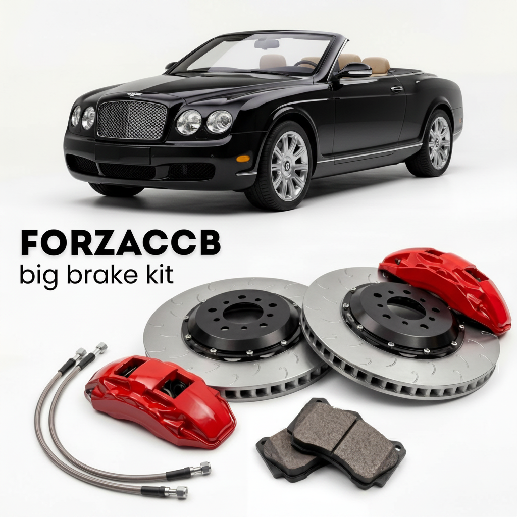 Black Bentley Azure (2005-2005) shown above a ForzaCCB iron rotor big brake kit with 2x red 6-piston front calipers, 2x two-piece floating ventilated brake discs 380 mm, set of brake pads, and brake lines.