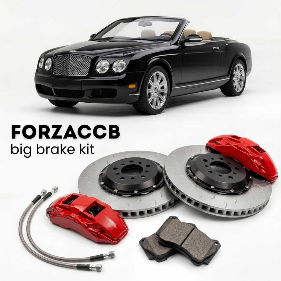 Black Bentley Azure (2005-2005) shown above a ForzaCCB iron rotor big brake kit with 2x red 6-piston front calipers, 2x two-piece floating ventilated brake discs 380 mm, set of brake pads, and brake lines.