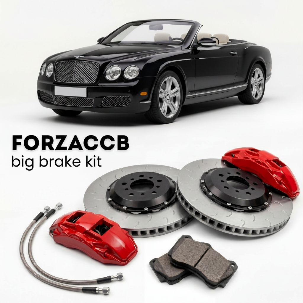 Black Bentley Azure II (2005-2009) shown above a ForzaCCB iron rotor big brake kit with 2x red 6-piston front calipers, 2x two-piece floating ventilated brake discs 380 mm, set of brake pads, and brake lines.