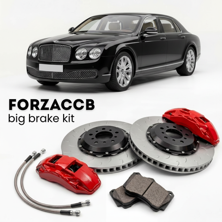 Black Bentley Brooklands II (2008-2011) shown above a ForzaCCB iron rotor big brake kit with 2x red 6-piston front calipers, 2x two-piece floating ventilated brake discs 380 mm, set of brake pads, and brake lines.