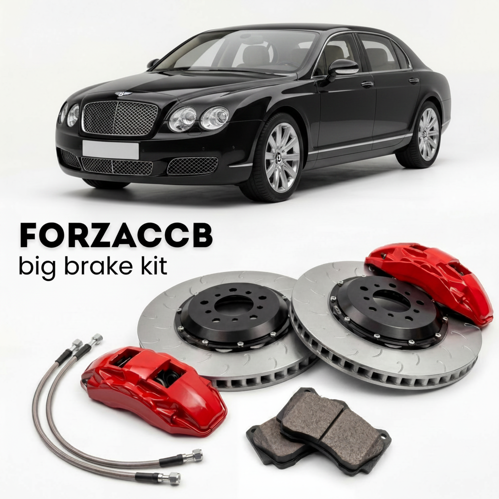 Black Bentley Continental Flying Spur (2005-2013) shown above a ForzaCCB iron rotor big brake kit with 2x red 6-piston front calipers, 2x two-piece floating ventilated brake discs 380 mm, set of brake pads, and brake lines.