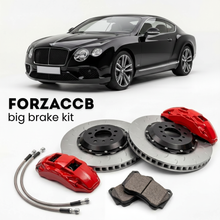 Black Bentley Continental GT II (2011-2015) shown above a ForzaCCB iron rotor big brake kit with 2x red 6-piston front calipers, 2x two-piece floating ventilated brake discs 380 mm, set of brake pads, and brake lines.