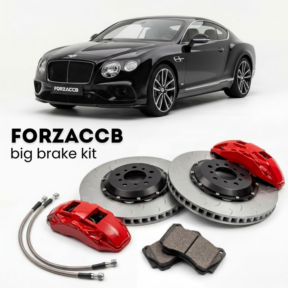 Black Bentley Continental facelift 2015) (2015-2018 (GT II) shown above a ForzaCCB iron rotor big brake kit with 2x red 6-piston front calipers, 2x two-piece floating ventilated brake discs 380 mm, set of brake pads, and brake lines.