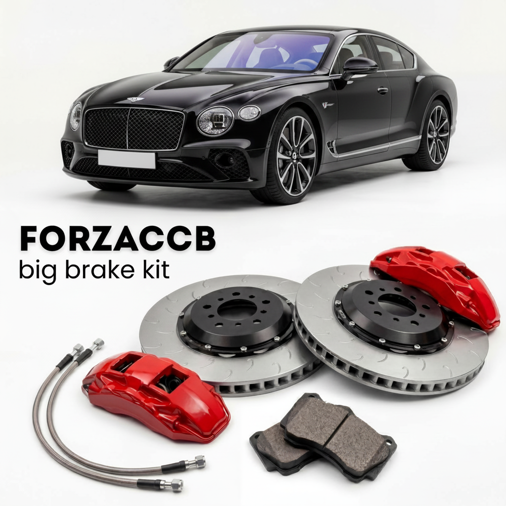 Black Bentley Continental GT IV (2024+) shown above a ForzaCCB iron rotor big brake kit with 2x red 6-piston front calipers, 2x two-piece floating ventilated brake discs 380 mm, set of brake pads, and brake lines.