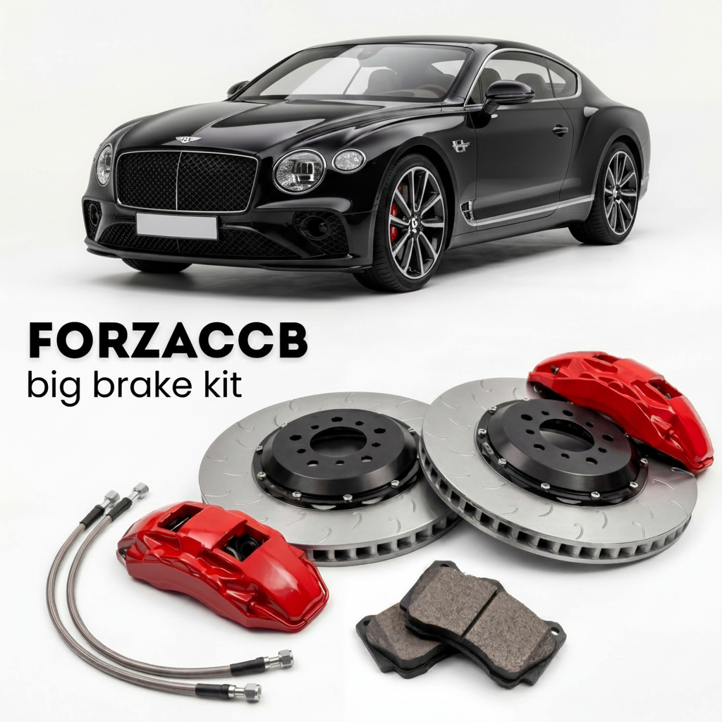 Black Bentley Continental GTC IV (2024+) shown above a ForzaCCB iron rotor big brake kit with 2x red 6-piston front calipers, 2x two-piece floating ventilated brake discs 380 mm, set of brake pads, and brake lines.