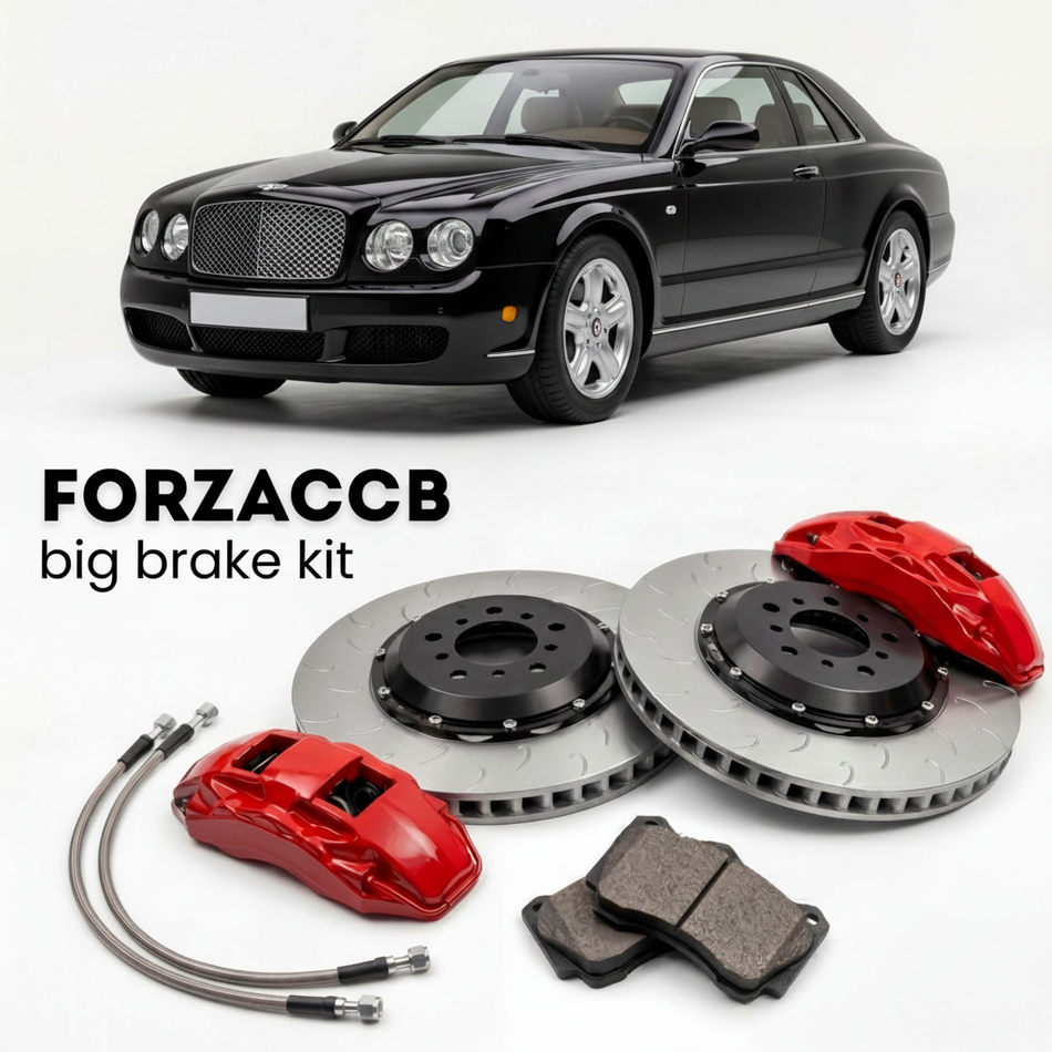 Black Bentley Continental R (2005-2007) shown above a ForzaCCB iron rotor big brake kit with 2x red 6-piston front calipers, 2x two-piece floating ventilated brake discs 380 mm, set of brake pads, and brake lines.