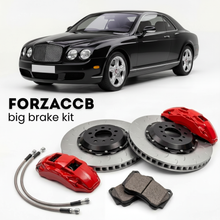 Black Bentley Continental T (2005-2007) shown above a ForzaCCB iron rotor big brake kit with 2x red 6-piston front calipers, 2x two-piece floating ventilated brake discs 380 mm, set of brake pads, and brake lines.