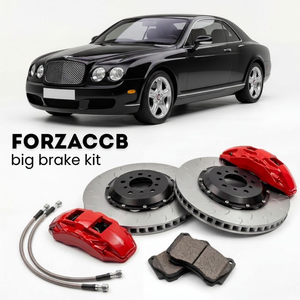 Black Bentley Continental T (2005-2007) shown above a ForzaCCB iron rotor big brake kit with 2x red 6-piston front calipers, 2x two-piece floating ventilated brake discs 380 mm, set of brake pads, and brake lines.