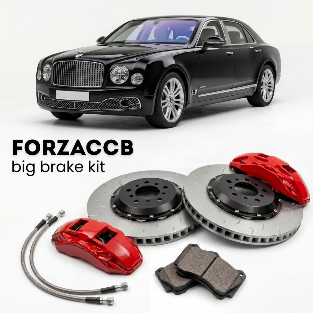 Black Bentley Mulsanne EWB (2016-2020) shown above a ForzaCCB iron rotor big brake kit with 2x red 6-piston front calipers, 2x two-piece floating ventilated brake discs 380 mm, set of brake pads, and brake lines.