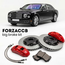 Black Bentley Mulsanne II (2010-2016) shown above a ForzaCCB iron rotor big brake kit with 2x red 6-piston front calipers, 2x two-piece floating ventilated brake discs 380 mm, set of brake pads, and brake lines.