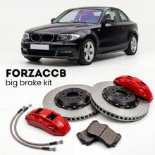 Black BMW 1-Series Coupe E82 (2007-2013) shown above a ForzaCCB iron rotor big brake kit with 2x red 6-piston front calipers, 2x two-piece floating ventilated brake discs 380 mm, set of brake pads, and brake lines.
