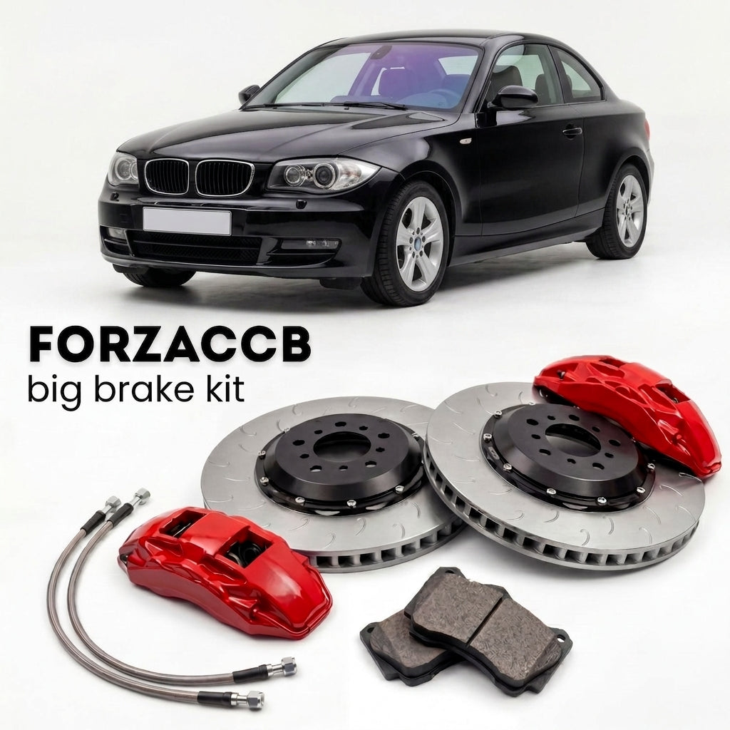 Black BMW 1-Series Coupe E82 (2007-2013) shown above a ForzaCCB iron rotor big brake kit with 2x red 6-piston front calipers, 2x two-piece floating ventilated brake discs 380 mm, set of brake pads, and brake lines.