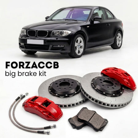 Black BMW 1-Series Coupe E82 (2007-2013) shown above a ForzaCCB iron rotor big brake kit with 2x red 6-piston front calipers, 2x two-piece floating ventilated brake discs 380 mm, set of brake pads, and brake lines.