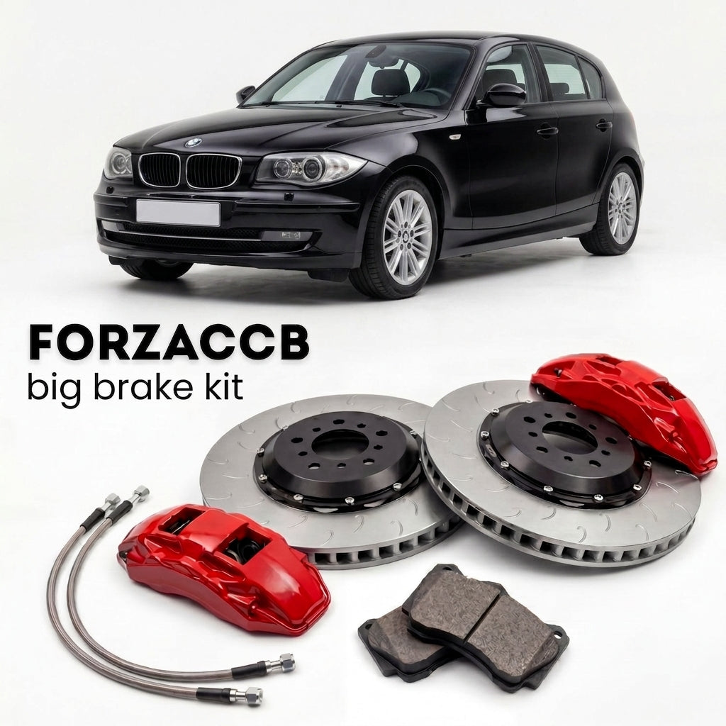 Black BMW 1-Series E87 (2005-2013) shown above a ForzaCCB iron rotor big brake kit with 2x red 6-piston front calipers, 2x two-piece floating ventilated brake discs 380 mm, set of brake pads, and brake lines.