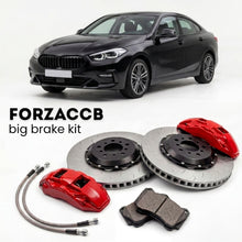 Black BMW 1-Series Sedan F52 (2022-2024) shown above a ForzaCCB iron rotor big brake kit with 2x red 6-piston front calipers, 2x two-piece floating ventilated brake discs 380 mm, set of brake pads, and brake lines.