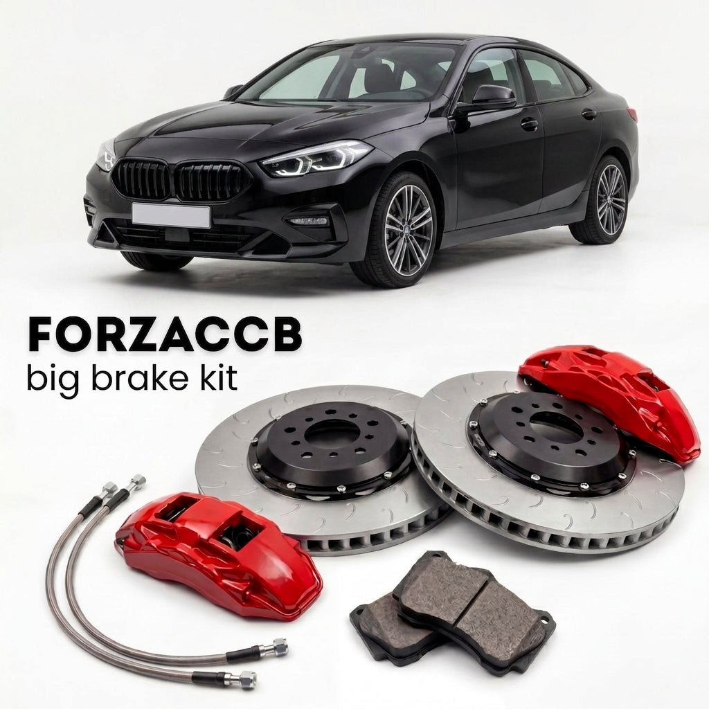 Black BMW 1-Series Sedan F52 (2022-2024) shown above a ForzaCCB iron rotor big brake kit with 2x red 6-piston front calipers, 2x two-piece floating ventilated brake discs 380 mm, set of brake pads, and brake lines.