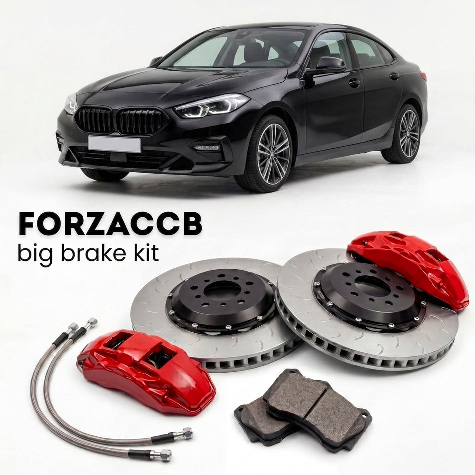 Black BMW 1-Series Sedan F52 (2022-2024) shown above a ForzaCCB iron rotor big brake kit with 2x red 6-piston front calipers, 2x two-piece floating ventilated brake discs 380 mm, set of brake pads, and brake lines.