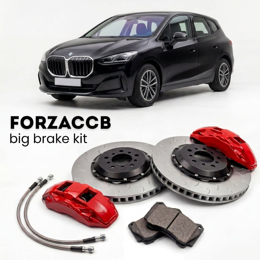 Black BMW 2-Series Active Tourer U06 (2022+) shown above a ForzaCCB iron rotor big brake kit with 2x red 6-piston front calipers, 2x two-piece floating ventilated brake discs 380 mm, set of brake pads, and brake lines.