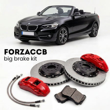 Black BMW 2-Series Convertible F23 (2014-2021) shown above a ForzaCCB iron rotor big brake kit with 2x red 6-piston front calipers, 2x two-piece floating ventilated brake discs 380 mm, set of brake pads, and brake lines.