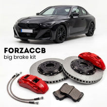 Black BMW 2-Series Coupe G42 (2021+) shown above a ForzaCCB iron rotor big brake kit with 2x red 6-piston front calipers, 2x two-piece floating ventilated brake discs 380 mm, set of brake pads, and brake lines.