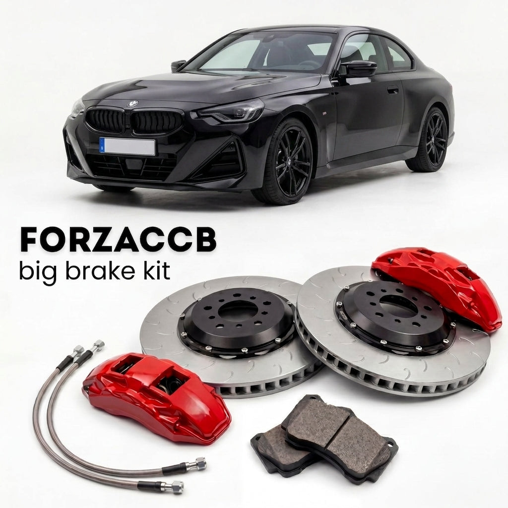 Black BMW 2-Series Coupe G42 (2021+) shown above a ForzaCCB iron rotor big brake kit with 2x red 6-piston front calipers, 2x two-piece floating ventilated brake discs 380 mm, set of brake pads, and brake lines.