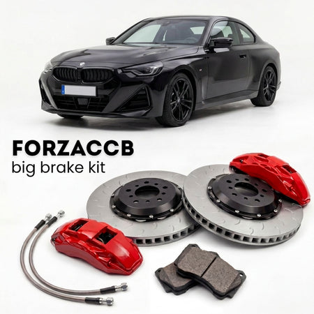 Black BMW 2-Series Coupe G42 (2021+) shown above a ForzaCCB iron rotor big brake kit with 2x red 6-piston front calipers, 2x two-piece floating ventilated brake discs 380 mm, set of brake pads, and brake lines.