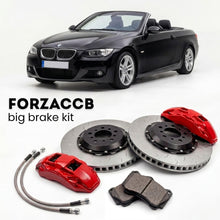 Black BMW 3-Series Convertible E93 (2007-2013) shown above a ForzaCCB iron rotor big brake kit with 2x red 6-piston front calipers, 2x two-piece floating ventilated brake discs 380 mm, set of brake pads, and brake lines.