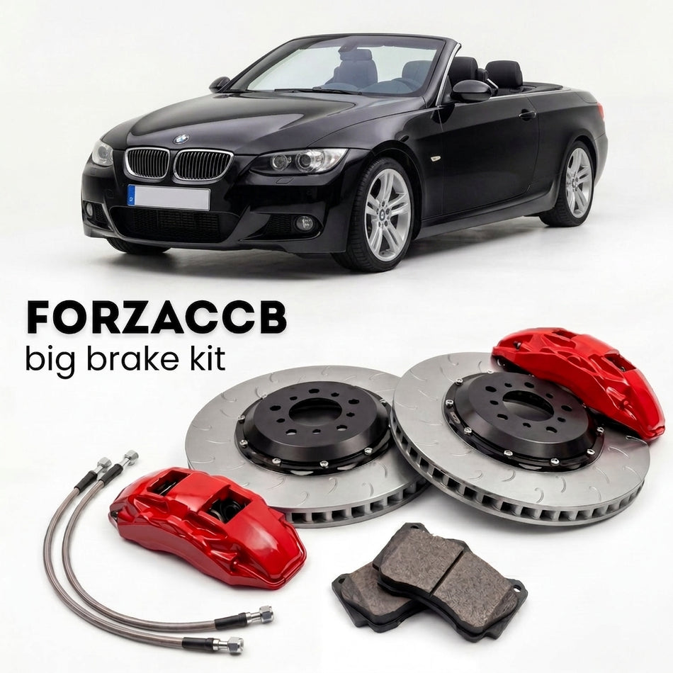 Black BMW 3-Series Convertible E93 (2007-2013) shown above a ForzaCCB iron rotor big brake kit with 2x red 6-piston front calipers, 2x two-piece floating ventilated brake discs 380 mm, set of brake pads, and brake lines.