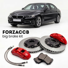 Black BMW 3-Series Sedan F30 (2011-2019) shown above a ForzaCCB iron rotor big brake kit with 2x red 6-piston front calipers, 2x two-piece floating ventilated brake discs 380 mm, set of brake pads, and brake lines.