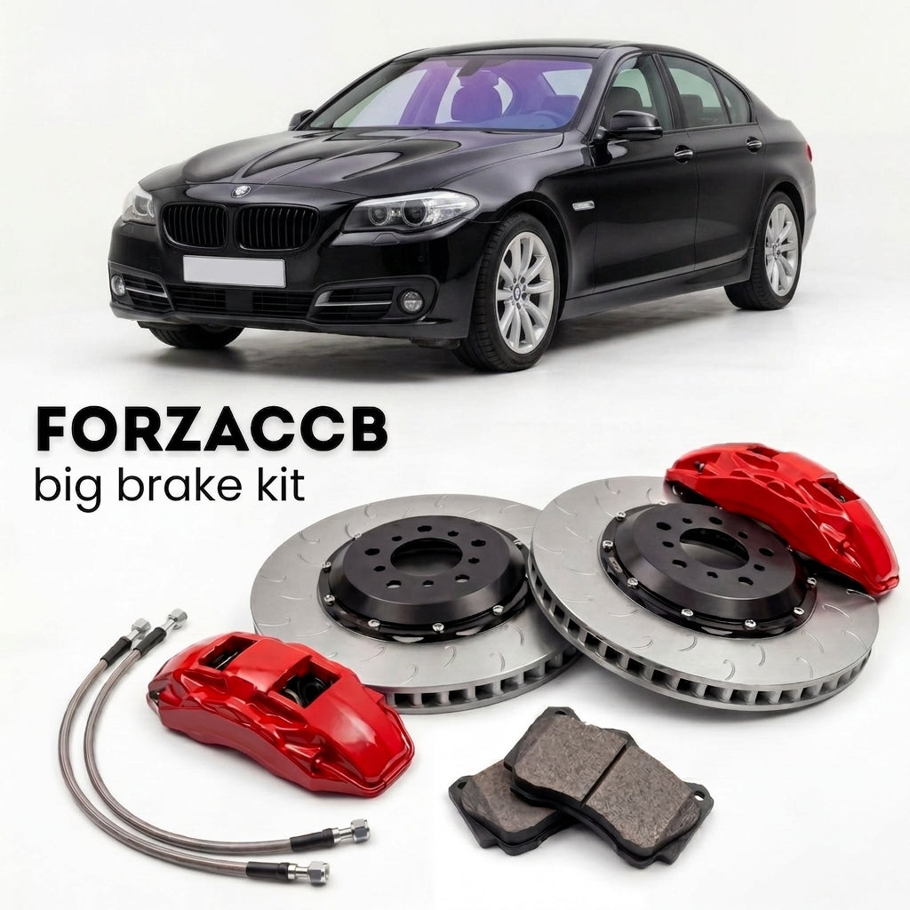 Black BMW 5-Series Sedan F10 (2010-2017) shown above a ForzaCCB iron rotor big brake kit with 2x red 6-piston front calipers, 2x two-piece floating ventilated brake discs 380 mm, set of brake pads, and brake lines.