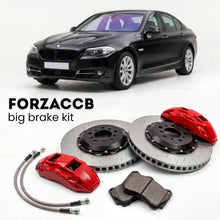 Black BMW 5-Series Sedan F10 (2010-2017) shown above a ForzaCCB iron rotor big brake kit with 2x red 6-piston front calipers, 2x two-piece floating ventilated brake discs 380 mm, set of brake pads, and brake lines.