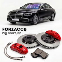 Black BMW 5-Series Sedan LWB G38 (2017-2023) shown above a ForzaCCB iron rotor big brake kit with 2x red 6-piston front calipers, 2x two-piece floating ventilated brake discs 380 mm, set of brake pads, and brake lines.