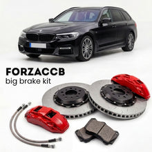 Black BMW 5-Series Touring G31 (2017-2023) shown above a ForzaCCB iron rotor big brake kit with 2x red 6-piston front calipers, 2x two-piece floating ventilated brake discs 380 mm, set of brake pads, and brake lines.