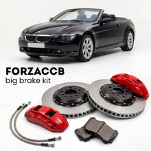Black BMW 6-Series Convertible E64 (2004-2010) shown above a ForzaCCB iron rotor big brake kit with 2x red 6-piston front calipers, 2x two-piece floating ventilated brake discs 380 mm, set of brake pads, and brake lines.