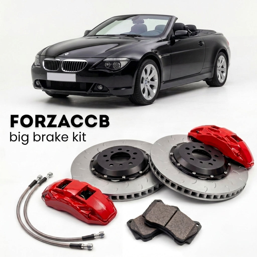 Black BMW 6-Series Convertible E64 (2004-2010) shown above a ForzaCCB iron rotor big brake kit with 2x red 6-piston front calipers, 2x two-piece floating ventilated brake discs 380 mm, set of brake pads, and brake lines.