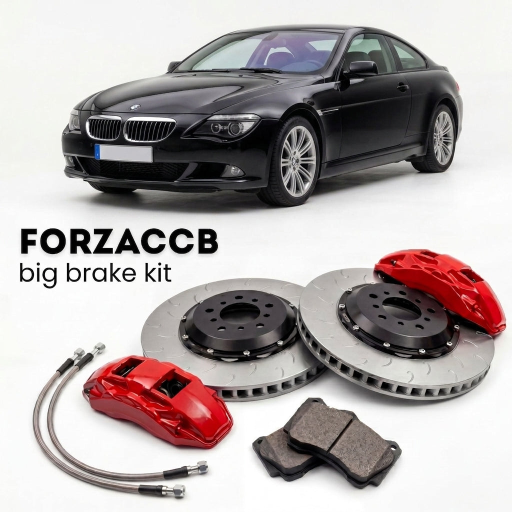 Black BMW 6-Series Coupe E63 (2003-2010) shown above a ForzaCCB iron rotor big brake kit with 2x red 6-piston front calipers, 2x two-piece floating ventilated brake discs 380 mm, set of brake pads, and brake lines.