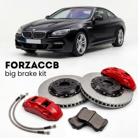 Black BMW 6-Series Coupe F13 (2011-2018) shown above a ForzaCCB iron rotor big brake kit with 2x red 6-piston front calipers, 2x two-piece floating ventilated brake discs 380 mm, set of brake pads, and brake lines.