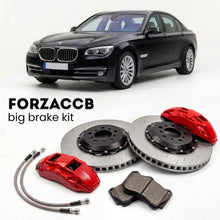 Black BMW 7-Series F04 (2010-2015) shown above a ForzaCCB iron rotor big brake kit with 2x red 6-piston front calipers, 2x two-piece floating ventilated brake discs 380 mm, set of brake pads, and brake lines.