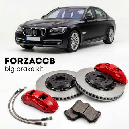 Black BMW 7-Series F04 (2010-2015) shown above a ForzaCCB iron rotor big brake kit with 2x red 6-piston front calipers, 2x two-piece floating ventilated brake discs 380 mm, set of brake pads, and brake lines.